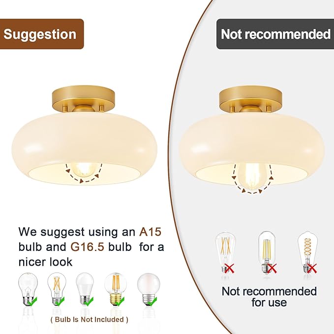 WOKNOS Mid-Century Modern Gold Semi Flush Mount Ceiling Light, Kitchen Ceiling Light Fixture with Glass Shade, Vintage White Close to Ceiling Lamp for Entryway Hallway Bathroom (11.0 Inch)