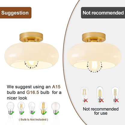 WOKNOS Mid-Century Modern Gold Semi Flush Mount Ceiling Light, Kitchen Ceiling Light Fixture with Glass Shade, Vintage White Close to Ceiling Lamp for Entryway Hallway Bathroom (11.0 Inch)