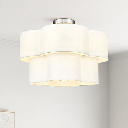 Semi Flush Mount Ceiling Lights, 5-Light 18" Ceiling Light Fixtures with Double Fabric Drum Shade in Quatrefoil Shape, Brushed Nickel Ceiling Light for Nursery Bedroom, AD-22007-5SF-SN