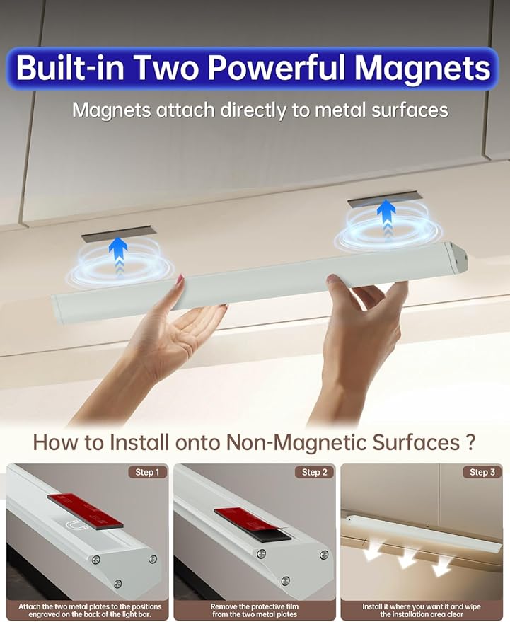 LED Under Cabinet Lighting Wireless, 2400mAh Rechargeable Cabinet Light, Battery Operated, Display Cabinet Lights, Stick on, 3-Color Shelf Lights, dimmable, with Remote Control(White, 2-Pack 12.2inch)