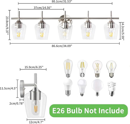 Bathroom Light Fixtures 5-Light Brushed Nickel Vanity Light with Clear Glass Shade, Modern Wall Lights for Bedroom Hallway Living Room (Nickel, 5-Light)
