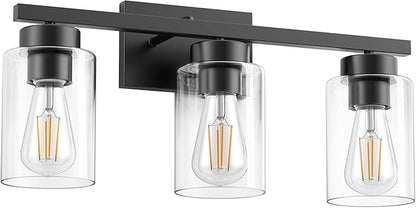 PARTPHONER 3-Light Bathroom Light Fixtures, Matte Black Vanity Light with Clear Glass Shade, Modern Wall Sconce for Mirror Bedroom Living Room Hallway Lighting