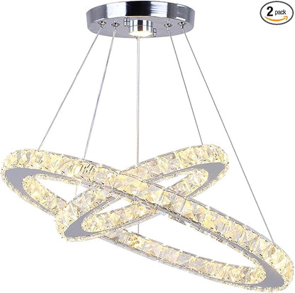 LED Chandelier Modern Contemporary 2 Rings Pendant Light Adjustable Stainless Steel Crystal Ceiling Lighting Fixture for Bedroom Living Room Dining Room (Warm White)