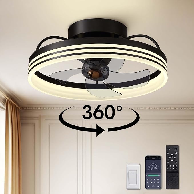 LUDOMIDE Ceiling Fans with Lights, 360° Rotating Ceiling Fan with Lights and Remote, 6 Wind Speeds Smart Low Profile Ceiling Fan for Bedroom, Kids Room and Living Room 20"