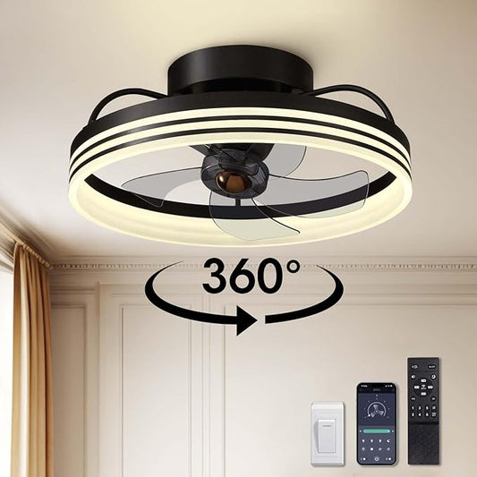 LUDOMIDE Ceiling Fans with Lights, 360° Rotating Ceiling Fan with Lights and Remote, 6 Wind Speeds Smart Low Profile Ceiling Fan for Bedroom, Kids Room and Living Room 20"