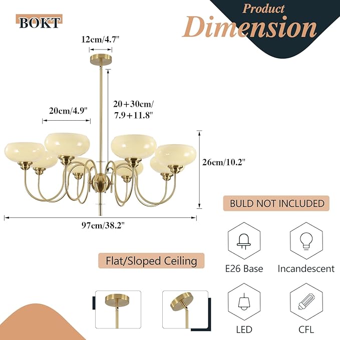 BOKT Large 8-Light Chandelier Modern Sputnik Chandeliers Flush Mount Ceiling Lights Cream Adjustable Height Pendant Lighting Vintage Gold Chandeliers with Light Yellow Glass Classic Ceiling Light