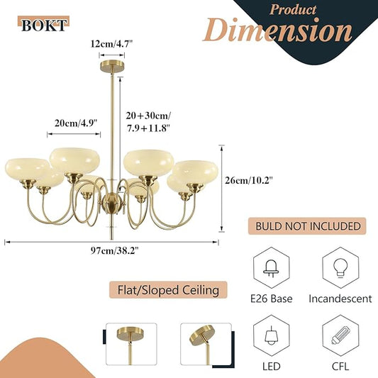 BOKT Large 8-Light Chandelier Modern Sputnik Chandeliers Flush Mount Ceiling Lights Cream Adjustable Height Pendant Lighting Vintage Gold Chandeliers with Light Yellow Glass Classic Ceiling Light