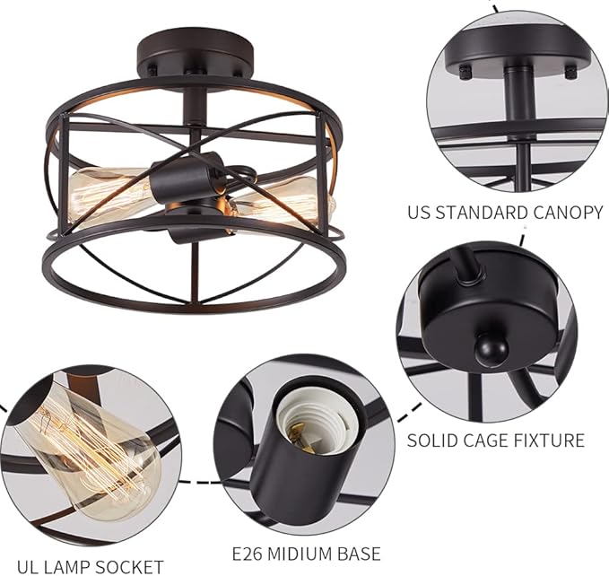 2-Light Semi Flush Mount Black Ceiling Light Fixture, Farmhouse Industrial Metal Cage with Adjustable Height, Dimmable for Hallway Entryway Kitchen Bedroom Foyer Laundry Low Ceiling