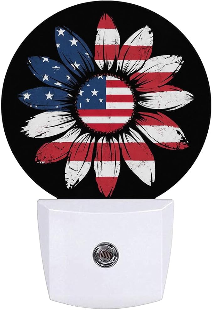 Sunflower USA Flag Plug in Night Light Auto Light Round Lamps Energy Saving Gift for Women Men Friends