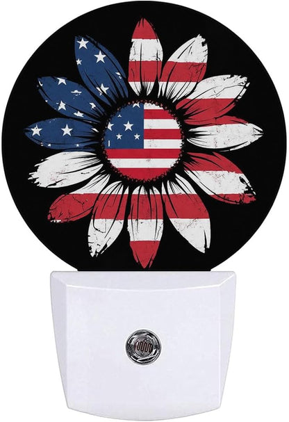 Sunflower USA Flag Plug in Night Light Auto Light Round Lamps Energy Saving Gift for Women Men Friends