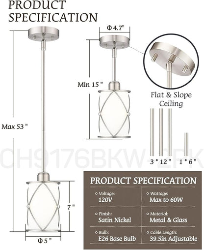 Brushed Nickel Pendant Lights Kitchen Island 2 Pack, Modern Glass Pendant Light Fixtures with Frosted Glass and Rods, Mini Hanging Lighting for Kitchen Sink Bathroom, CH9176BNW-2PK
