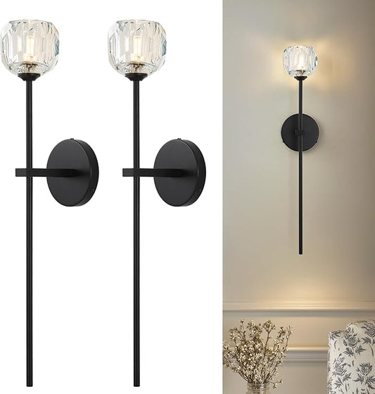 Black Crystal Wall Sconces Set of Two with G9 Bulbs, Mid Century Modern Diamond Light Brass Vintage Long Lighting Fixture Hardwired for Elegant Vanity Living Room Bedroom Bathroom Hallway