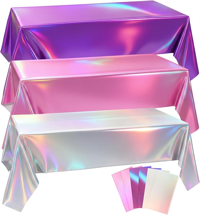 Oudain 6 Pcs Kpop Theme Party Purple & Pink & Silver Iridescent Party Tablecloth 54 x 108 Inch Plastic Rectangle Tablecloth Waterproof Table Cover for Kpop Theme Birthday Decoration