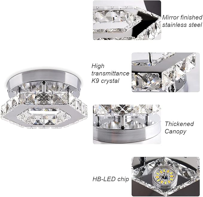 Mini Chandelier Crystal LED Ceiling Light Fixture Modern Pendant Lamp Semi Flush Mount Crystal Ceiling Lighting for Hallway Staircase Staircase Kitchen Bedroom Dinning Room(Cool White)