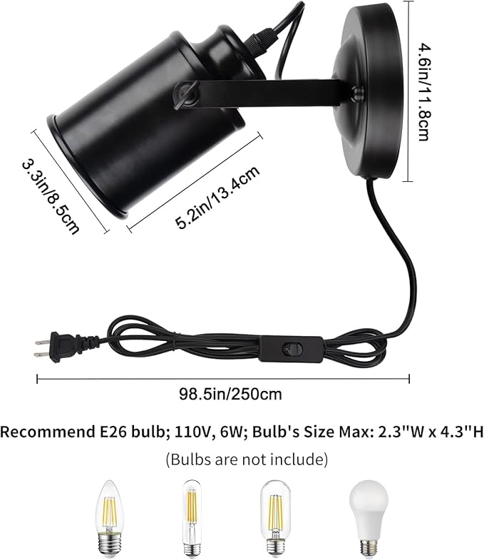 TISLYCO Wall Sconces with Plug in Cord Set of Two, Adjustable Retro Black Wall Lamp with On/Off Switch, Wall Mounted Lights for Bedroom Living Room, Industrial Sconce Wall Lamp Indoor Spotlight