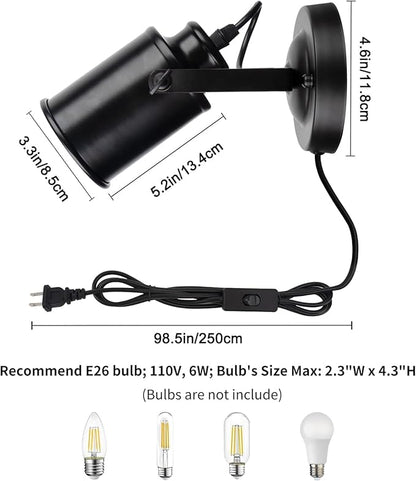 TISLYCO Wall Sconces with Plug in Cord Set of Two, Adjustable Retro Black Wall Lamp with On/Off Switch, Wall Mounted Lights for Bedroom Living Room, Industrial Sconce Wall Lamp Indoor Spotlight