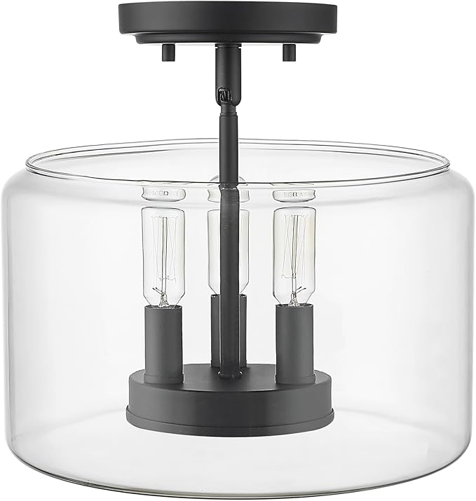 ML Lighting | Asheville Collection | 46923-MB | Metal 3-Light Semi-Flush in Matte Black with Clear Glass Shade | for Compact Spaces Close to Ceiling | Modern Design with an Heirloom Quality