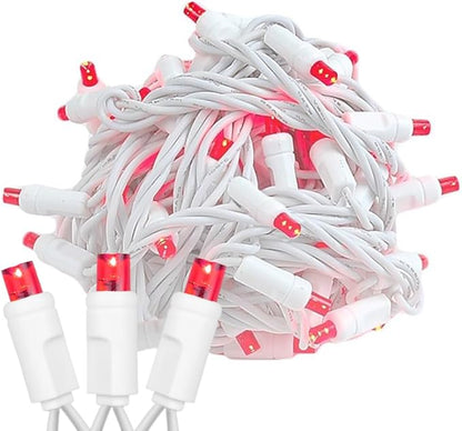 Novelty Lights 25ft Christmas String Lights, 50 Red LED Bulbs on White Wire, 6" Spacing, Connectable Indoor Outdoor Commercial Grade Lighting for Holidays Patio Weddings