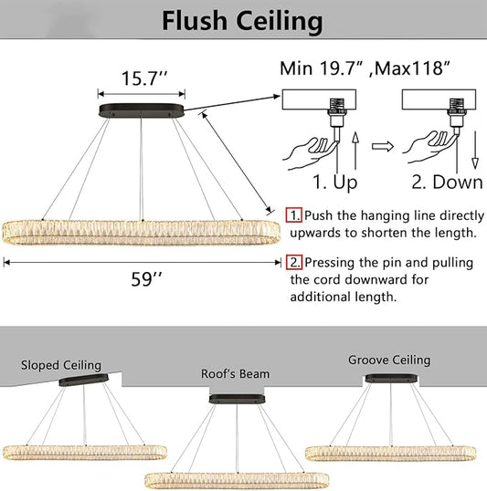 HAIXIANG Crystal 59 Inch Long Chandelier Modern Dimmable LED Chandeliers for Dining Table Pendant Lights Rectangular Glam Lighting Fixtures for Dining Room Kitchen Island Black