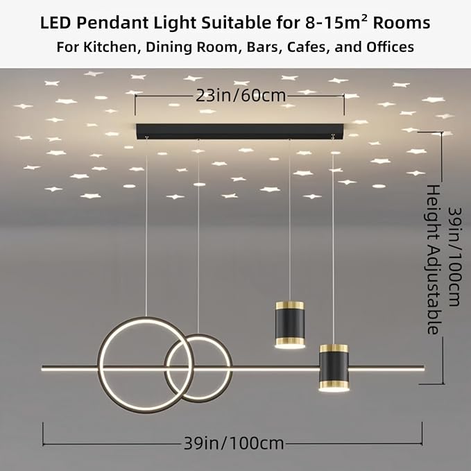 Modern LED Pendant Lights for Kitchen Island, Dimmable Led Linear Chandelier with Remote Control, 39in Black Island Lighting Lamp Fixture for Office, Dining Room, Decorative Interior Lighting