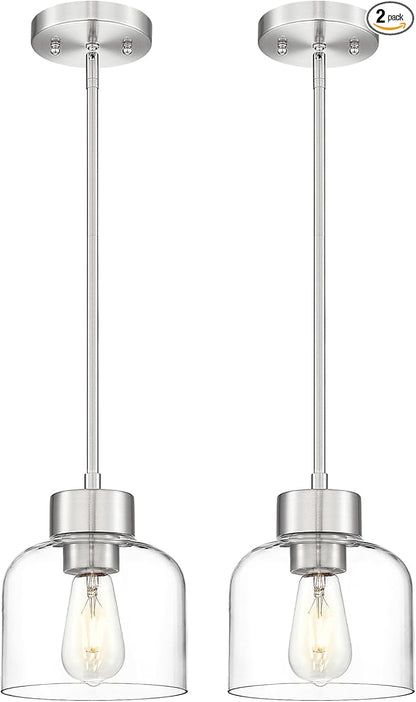 2-Pack Pendant Lights Kitchen Island, 7" Brushed Nickel Hanging Lights Fixtures with Clear Glass Shade, Modern Kitchen Pendant Lighting Over Island for Dining Room, AD-24024-1P2-SN