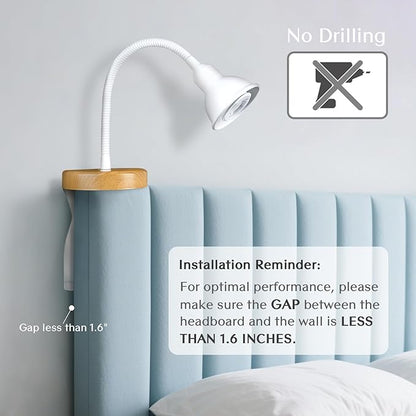 Solfres Patented Innovative Design Headboard Reading Light. No Drilling Golden Book Light for Bedtime Reading. Dimmable LED Book Reading Lamp with Bulb. Movable & Flexible, White