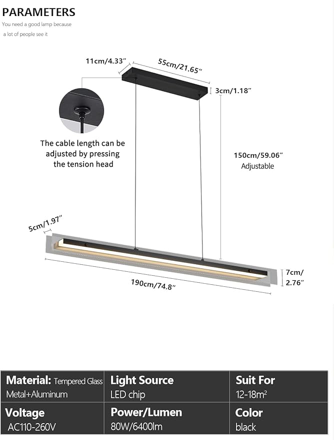 Glass Modern Black Linear Pendant Light - LED Hanging Kitchen Island Lights, Adjustable Dimmable Ceiling Fixtures, Minimalist Chandelier for Dining Room, Bar (74.8")
