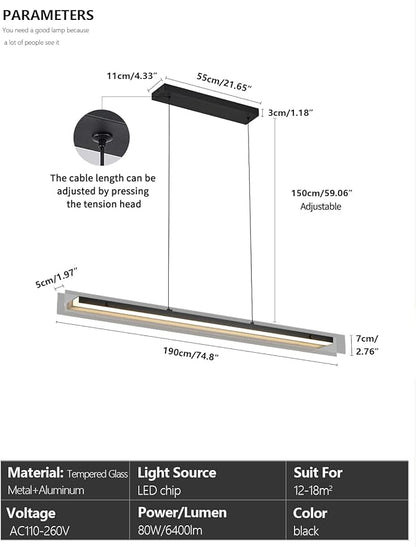 Glass Modern Black Linear Pendant Light - LED Hanging Kitchen Island Lights, Adjustable Dimmable Ceiling Fixtures, Minimalist Chandelier for Dining Room, Bar (74.8")