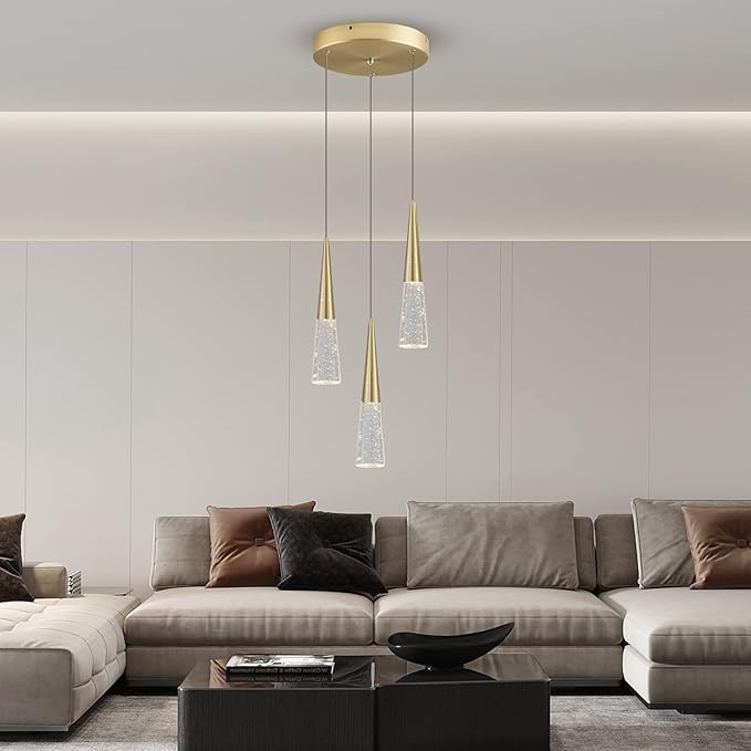 JoollySun Modern Crystal Pendant Light: Gold 3 Cluster Hanging Light Fixtures for Kitchen Island Bathroom