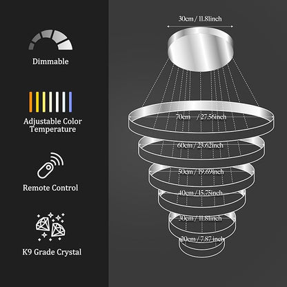 Dimmable Crystal LED Chandelier(3000-6500K) for High Ceiling – Remote Control, Adjustable Height, Modern Stainless Steel Fixture for Foyer, Staircase, Living Room(Chrome 6-Ring)