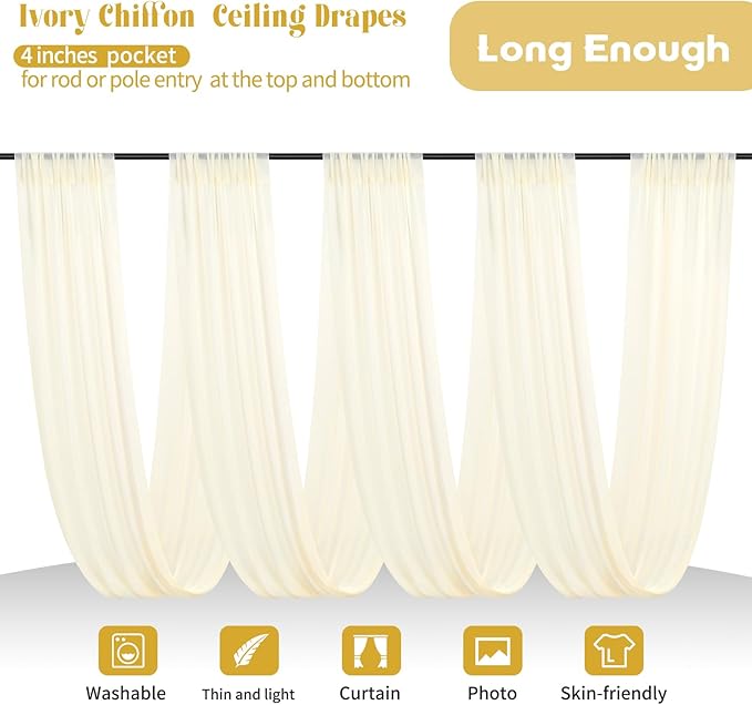 6 Panels Beige Ceiling Drapes for Wedding Ceiling Drapes 5ftx20ft Wedding Arch Draping Fabric Sheer Curtains Voile Chiffon Drapery Draping Decorations for Party Ceremony Stage