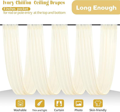 6 Panels Beige Ceiling Drapes for Wedding Ceiling Drapes 5ftx20ft Wedding Arch Draping Fabric Sheer Curtains Voile Chiffon Drapery Draping Decorations for Party Ceremony Stage