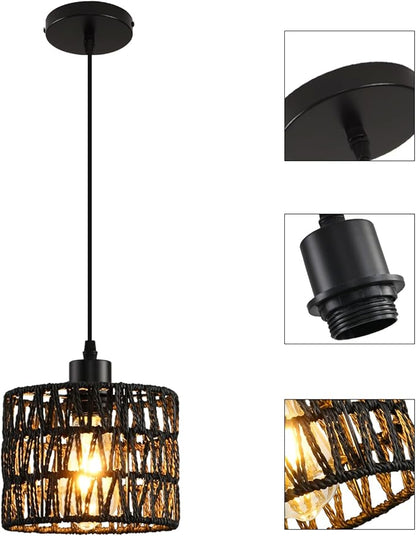 Woven Pendant Light Boho Chandelier, Rattan Pendant Lights Kitchen Island, Farmhouse Pendant Lighting with Hand Woven Wicker Shade, Boho Chandelier Light Fixtures Ceiling Hanging Light