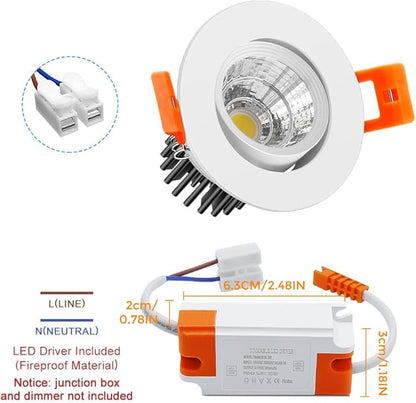 2Inch LED Recessed Ceiling Light, 3W Dimmable LED Downlight, 60 Beam Angle COB Recessed Lights with Driver, Daylight White 5500K, 25W Halogen Bulbs Equivalent for Ceiling Lighting, White 6 Pack