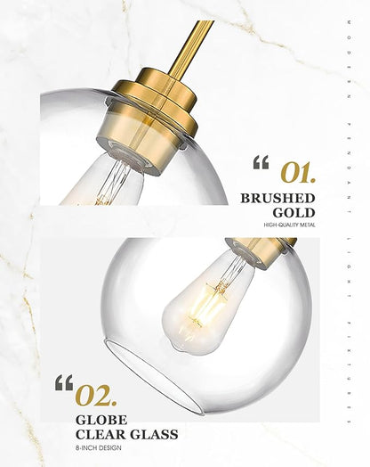 2 Pack Pendant Lights Kitchen Island, 8" Gold Pendant Light Fixtures with Globe Clear Glass Shade, Modern Brass Kitchen Island Lighting for Bathroom, AD-22280-2PL-GD