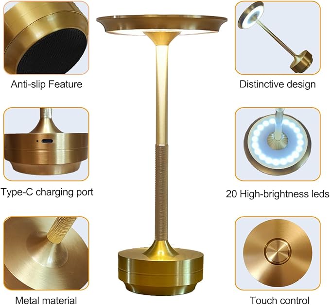 Ecolume Cordless Table Lamp,LED Portable Battery Operated Lamp, Dimmable Stepless 3-Color LED with Memory Function. Portable for Home Office/Dinner/Restaurant/Living Room.(Gold)