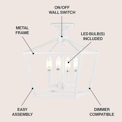 JONATHAN Y 12" White Modern Farmhouse Pagoda 4-Light LED Semi Flush Mount Lantern, Metal Ceiling Light Fixture for Kitchen, Hallway, Entryway, Bedroom, Hardwired (JYL7610E)