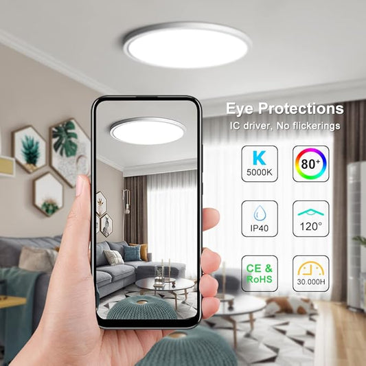 2 Pack 12 Inch LED Flush Mount Ceiling Light Fixture, 5000K Daylight White, 24W 3200LM, Round Flat Ceiling Lights, Bright Slim Low Profile Lighting Fixtures for Bedroom Kitchen Hallway Stairwells