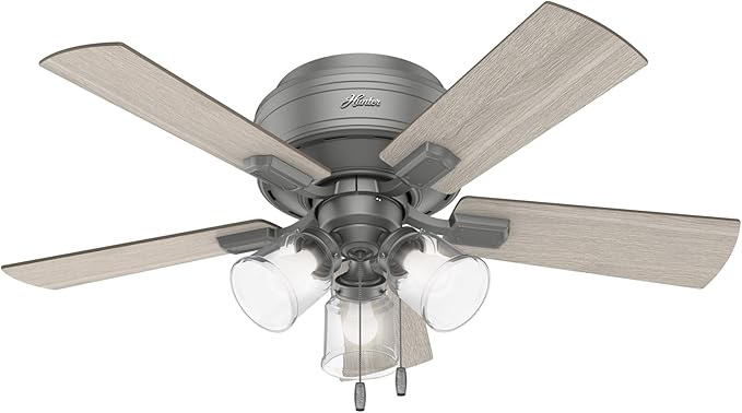 Hunter 42 inch Indoor Ceiling Fan with LED Lights and Pull Chain - Low Profile Flush Mount Ceiling Fan, 5 Blades, For Bedroom, Living Room, or Kitchen, Quiet - Crestfield 51025, Matte Silver