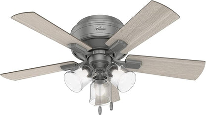 Hunter 42 inch Indoor Ceiling Fan with LED Lights and Pull Chain - Low Profile Flush Mount Ceiling Fan, 5 Blades, For Bedroom, Living Room, or Kitchen, Quiet - Crestfield 51025, Matte Silver