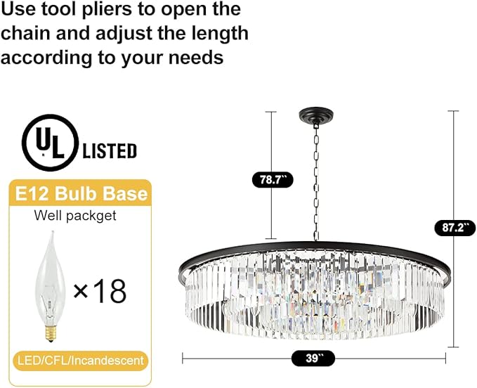 Large Crystal Chandelier Modern Luxury Black 39 inch Pendant Ceiling Lights Fixture for Dining Living Room 18-Lights 3-Tier Raindrop Chandeliers Lighting (Black, Dia 39 Inch)