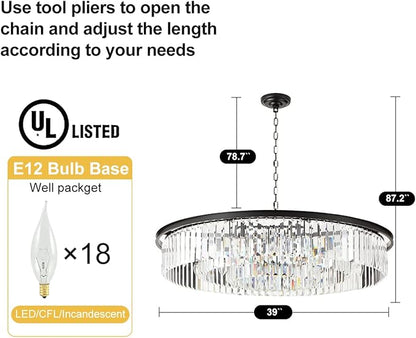 Large Crystal Chandelier Modern Luxury Black 39 inch Pendant Ceiling Lights Fixture for Dining Living Room 18-Lights 3-Tier Raindrop Chandeliers Lighting (Black, Dia 39 Inch)