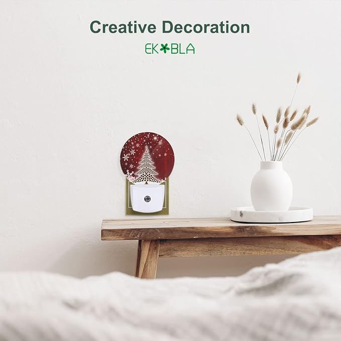 EKOBLA Red Christmas Plug-in Night Light, Snowflake & Christmas Tree Rustic LED Nightlight for Holiday Season Home Decor