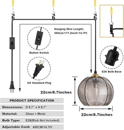 Plug in Glass Pendant Light Mid-Century Modern Striped Grey Glass Hanging Ceiling Lighting Fixture with 14.7FT Cord, Globe Decor Chandelier For Living Room, Bedroom, Dining Hall, Kitchen (Smoke Grey)