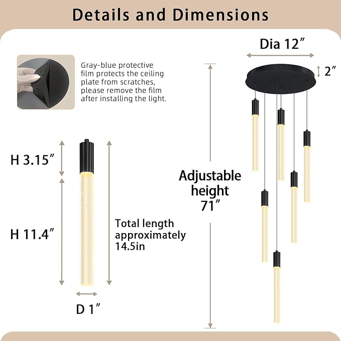 Luxury 6 Light Modern Crystal Pendant Light - 71" High Ceiling Black LED Dimmable Pendant Light for Bedside Island Kitchen Living Room