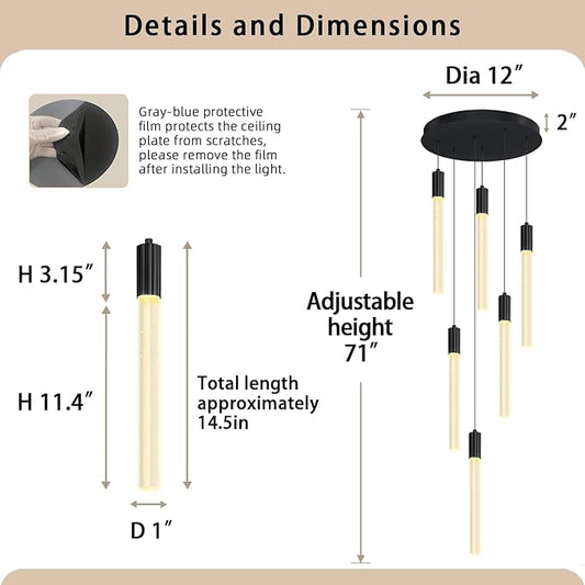 Luxury 6 Light Modern Crystal Pendant Light - 71" High Ceiling Black LED Dimmable Pendant Light for Bedside Island Kitchen Living Room
