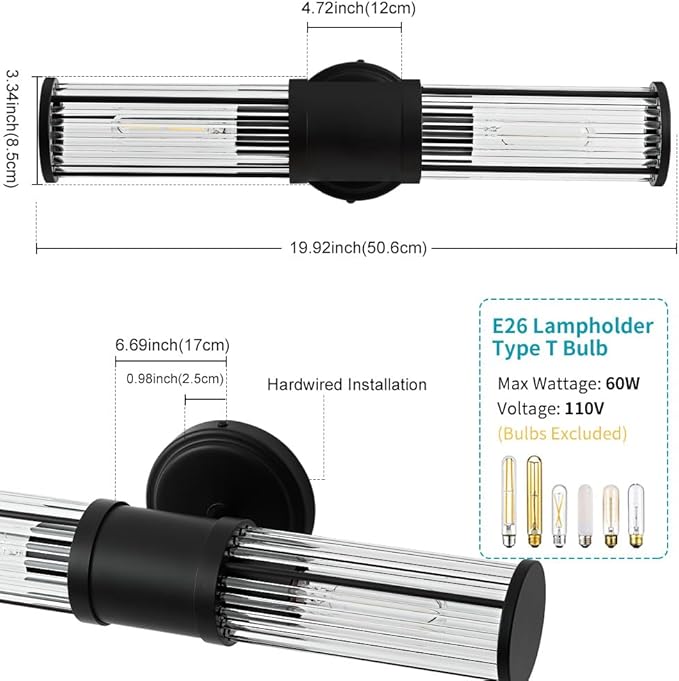 Black Wall Sconce Bathroom Vanity Light Fixtures for Mirror, Modern Wall Light with Glass Rod Shade for Bathroom, Bedroom, Hallway, Living Room - Bulb Not Included