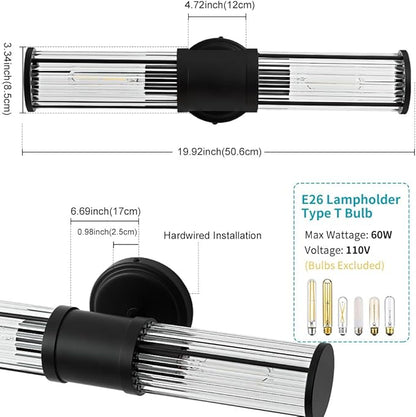 Black Wall Sconce Bathroom Vanity Light Fixtures for Mirror, Modern Wall Light with Glass Rod Shade for Bathroom, Bedroom, Hallway, Living Room - Bulb Not Included