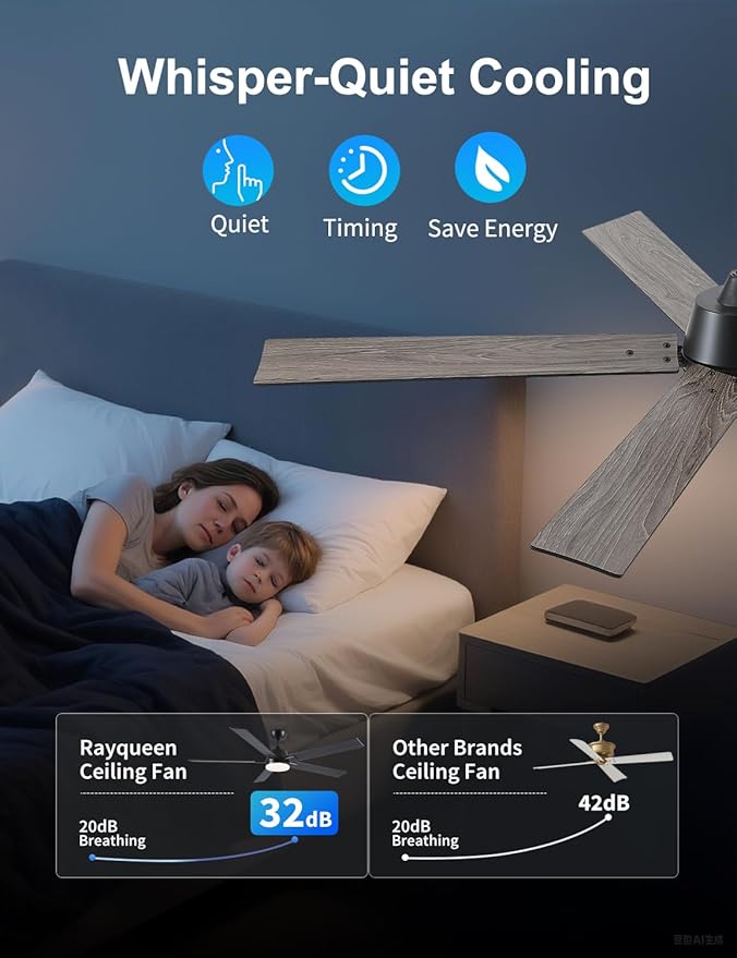 Rayqueen 60 Inch Ceiling Fans with Lights and Remote, 6 Speed Reversible DC Motor, 3CCT Dimmable LED, Black Modern Ceiling Fan for Bedroom, Living room & Covered Outdoor,Includes Downrod