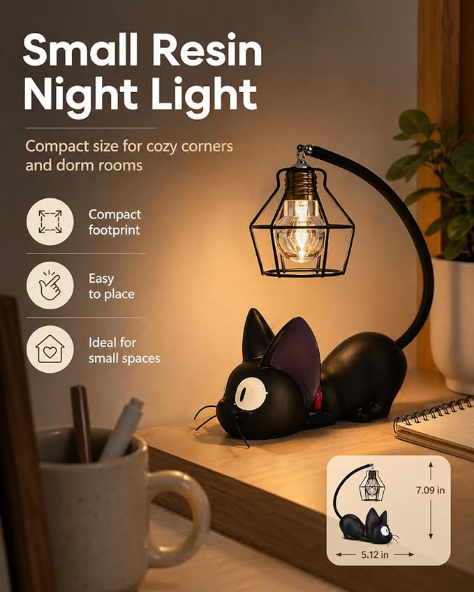 OVANUS Jiji Cat Lamp, Kiki's Delivery Service Night Light, Studio Ghibli Inspired Resin Black Cat Lamp for Bedroom Desk Shelf Decor, Gift for Anime Fans